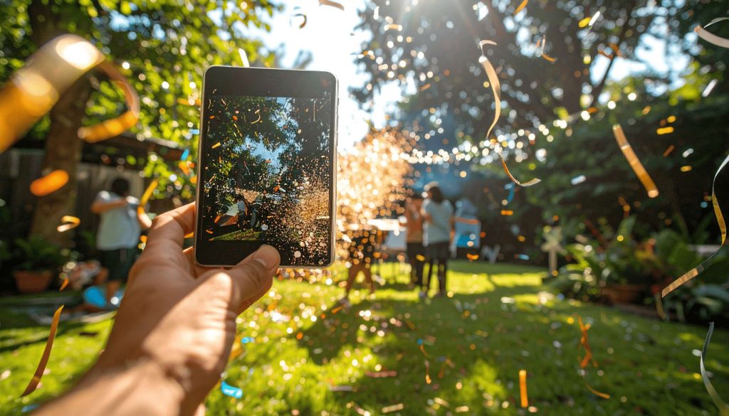backyard birthday party photo being taken at the exact moment birthday confetti cannons burst