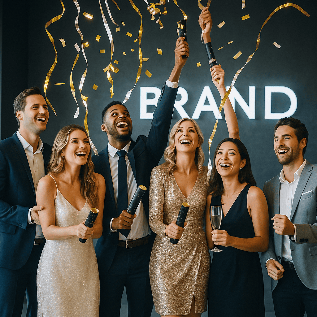 guests at a modern indoor launch party holding streamer poppers