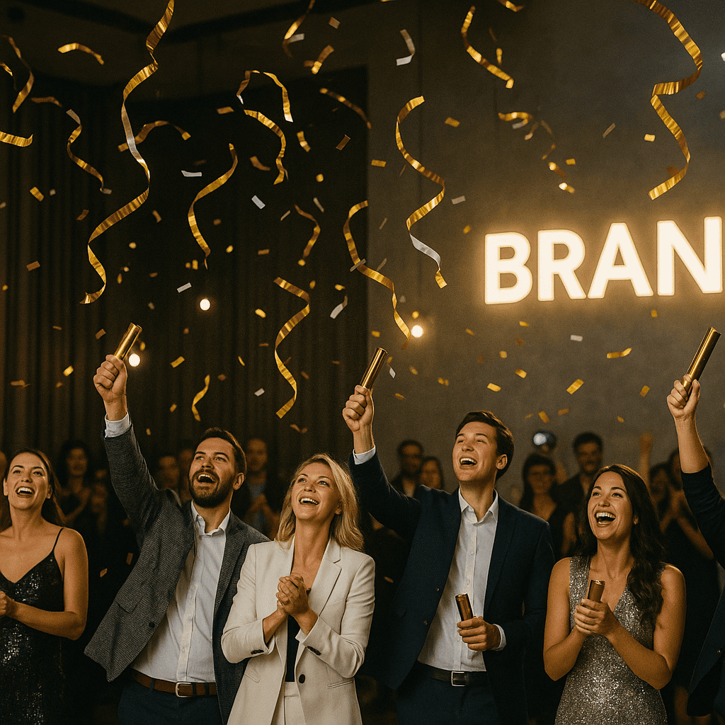 guests posing and tossing confetti
