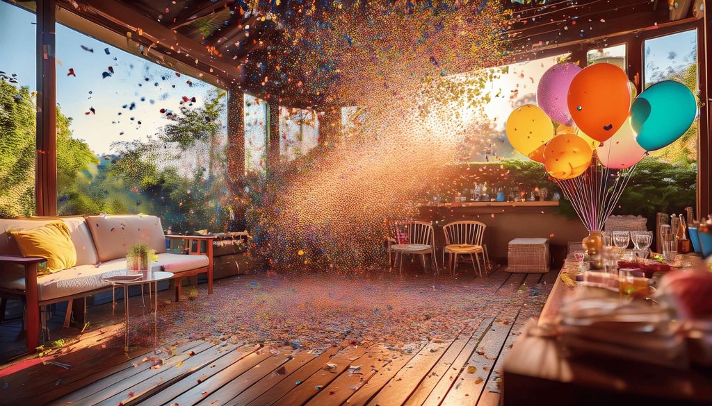 indoor birthday party with colorful confetti cannon